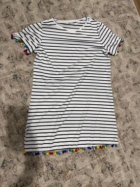 Black and White Striped Dress with Colorful Pom Trim